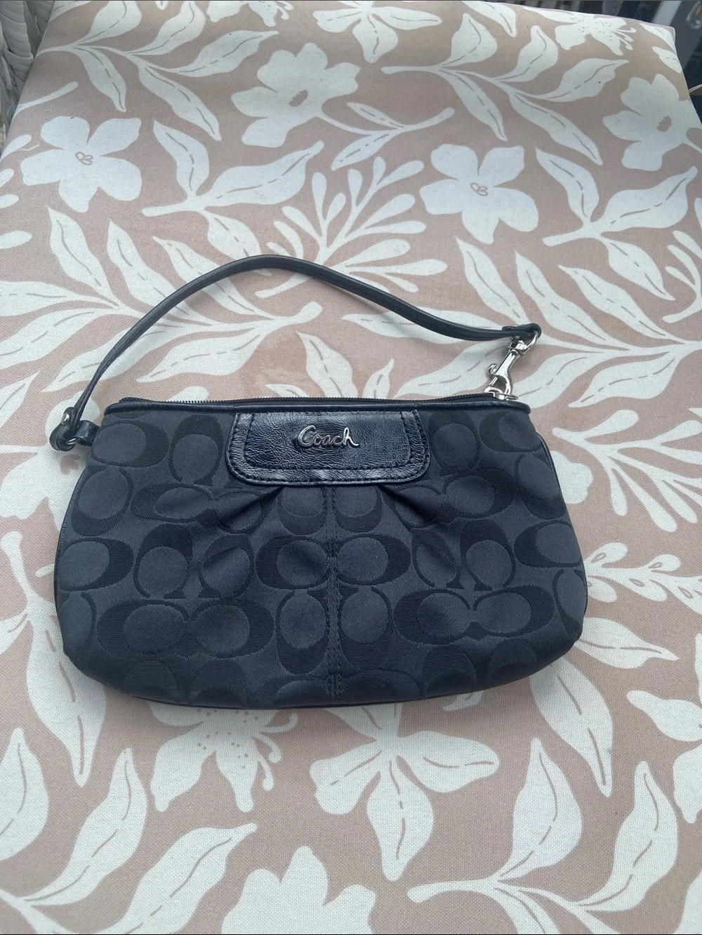 Coach Black Signature Wristlet with Leather Trim and Logo